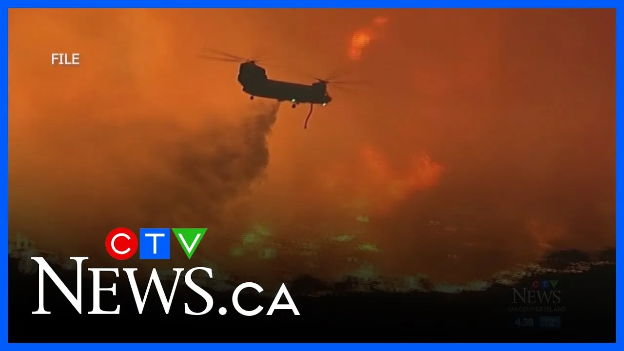 CTV News title card over footage of a helicopter dropping water on a wildfire