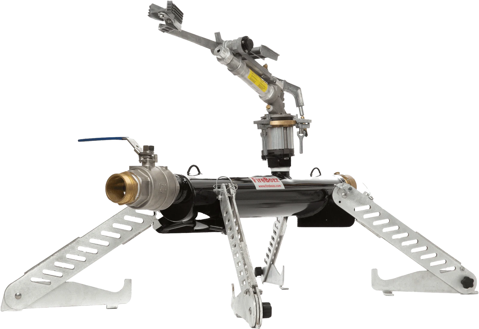 FireBozz Magnum wildland fire defense system: black welded manifold, brass inlet, folding aluminum legs and an elevated impact sprinkler head