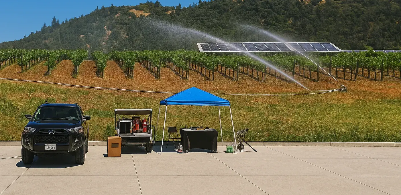 FireBozz units spraying over vineyard rows at Silver Oak Vineyard, California